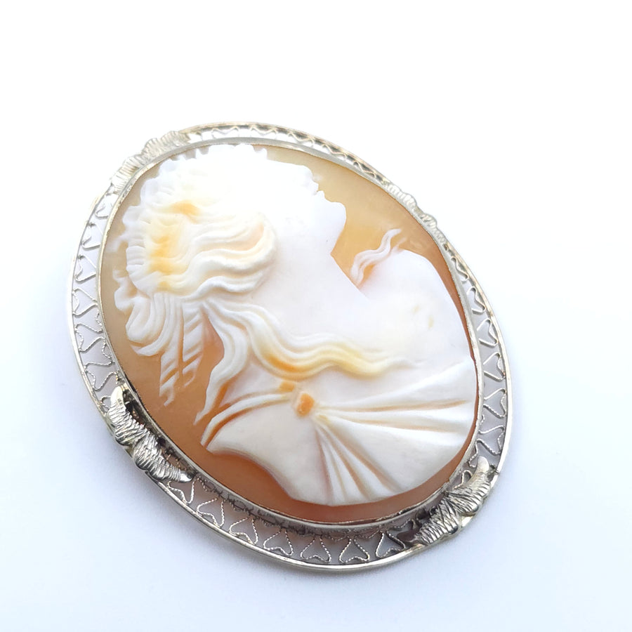 ANTIQUE ART DECO CAMEO 14K WHITE GOLD LADYS PIN BROOCH PENDENT