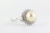 14K WHITE GOLD CULTURED PEARL & DIAMOND HALO RING LADIES