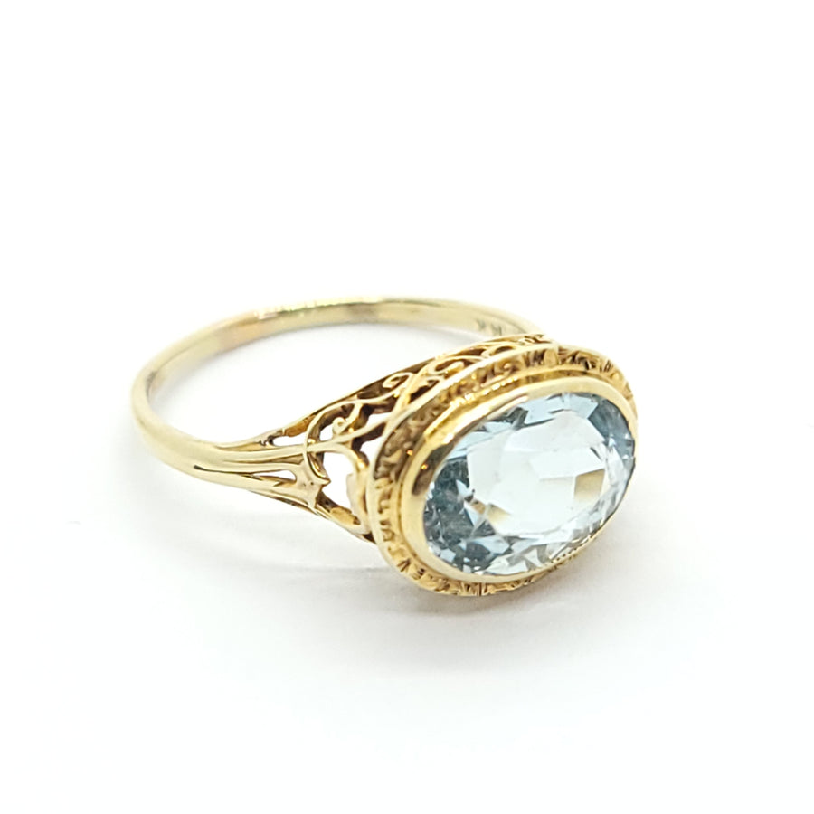 ANTIQUE VICTORIAN FILIGREE RING 14K YELLOW GOLD BLUE TOPAZ