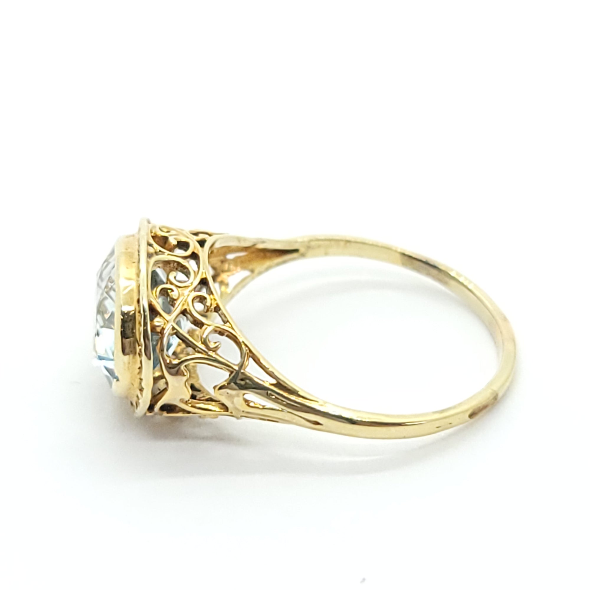 ANTIQUE VICTORIAN FILIGREE RING 14K YELLOW GOLD BLUE TOPAZ