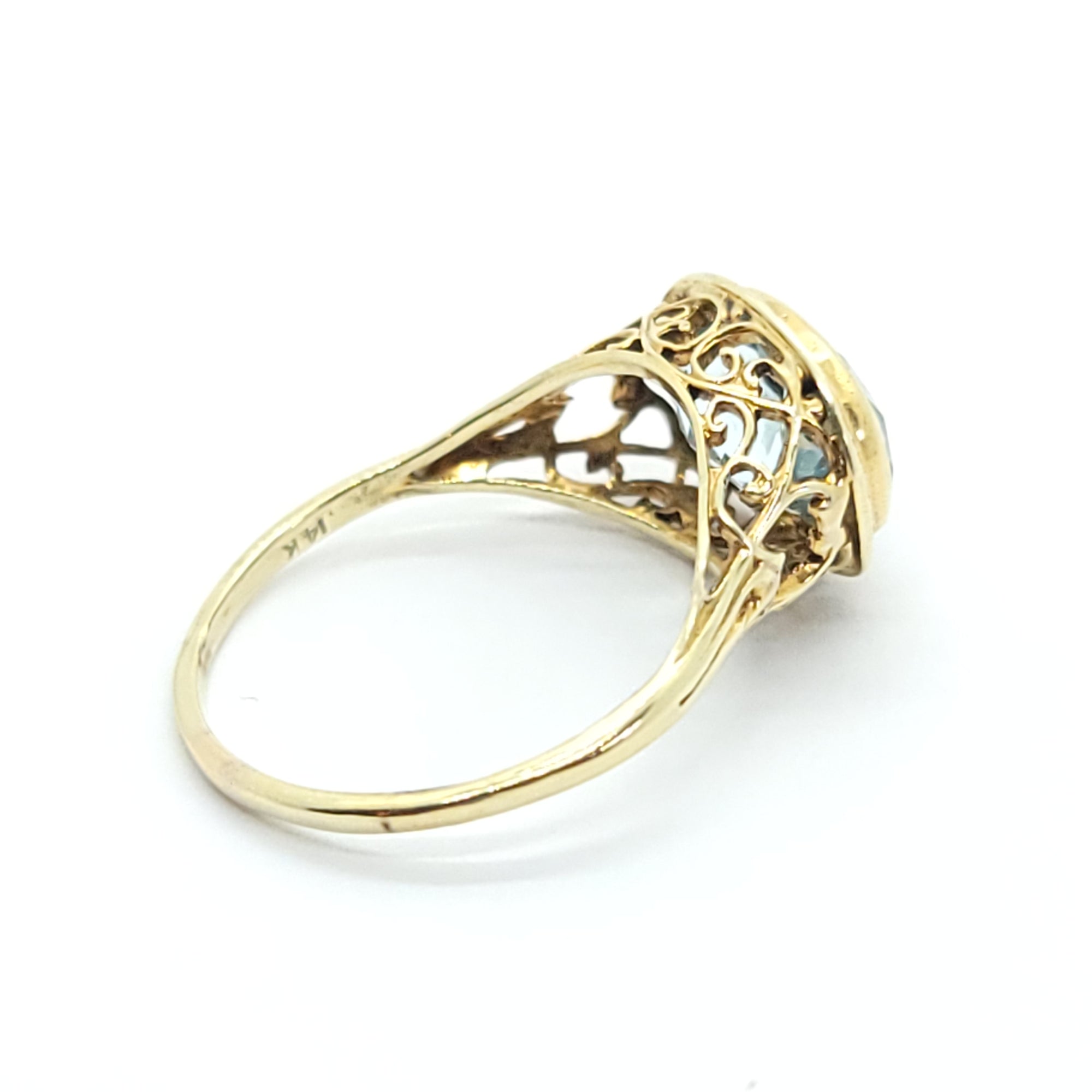 ANTIQUE VICTORIAN FILIGREE RING 14K YELLOW GOLD BLUE TOPAZ
