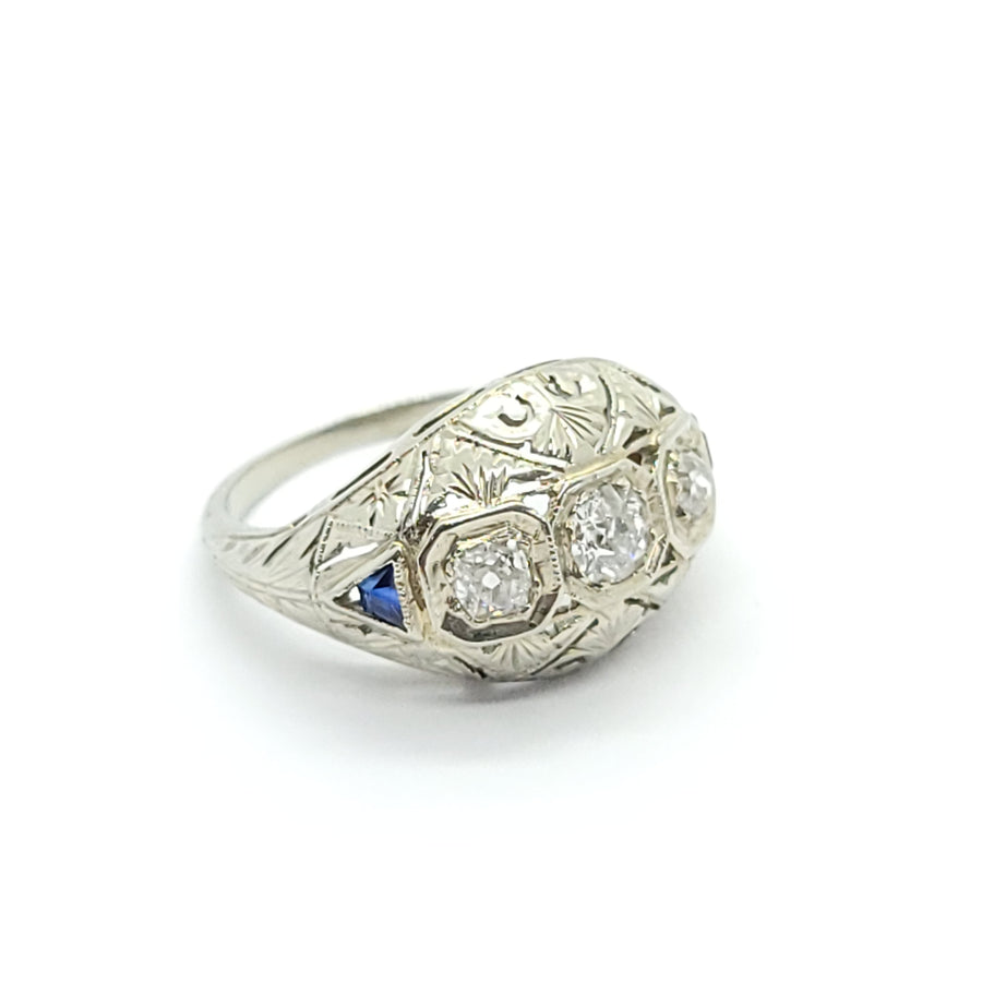 ART DECO FILIGREE DOME 14K WHITE GOLD NATURAL DIAMOND & SAPPHIRE RING