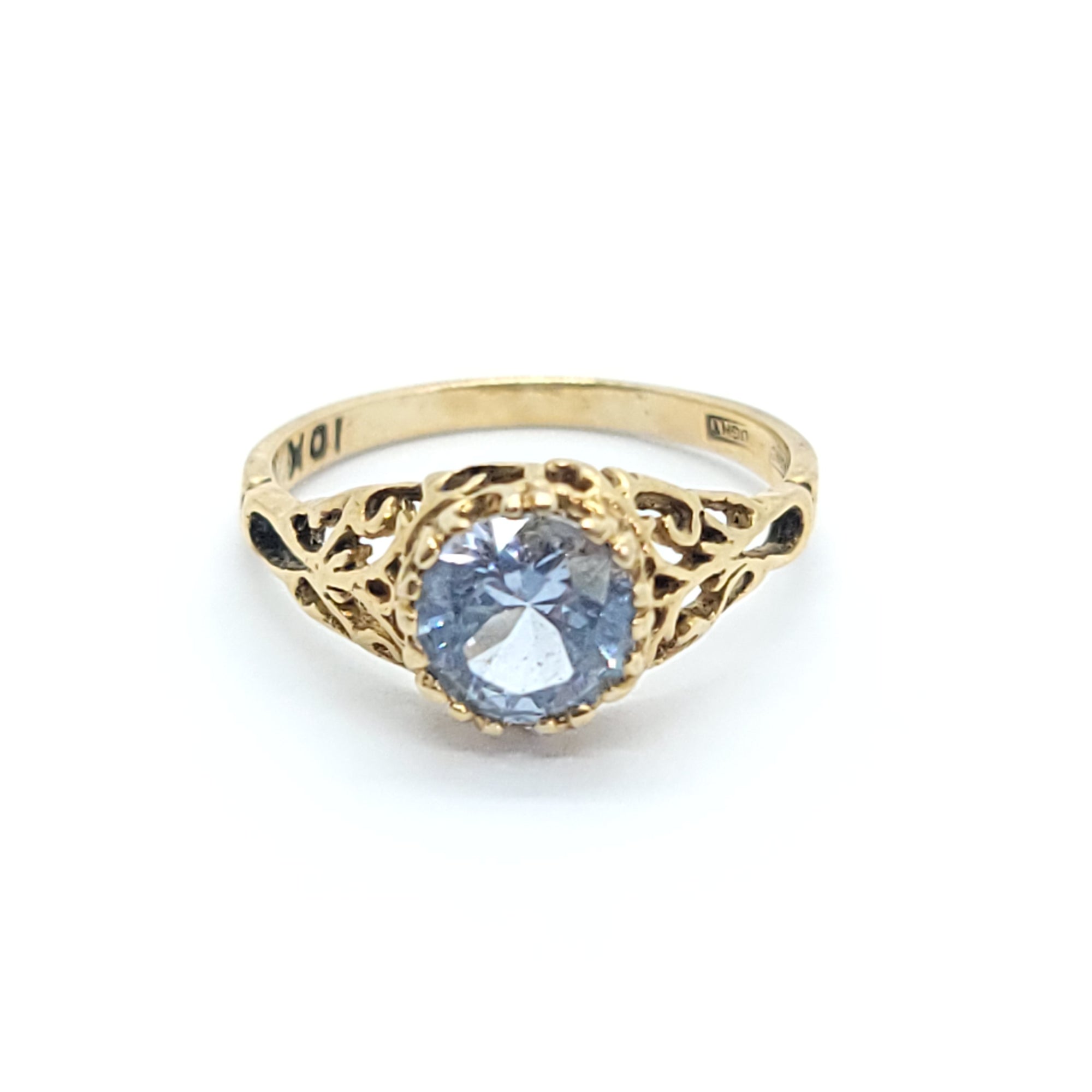ANTIQUE 10K YELLOW GOLD BLUE TOPAZ RING FILIGREE