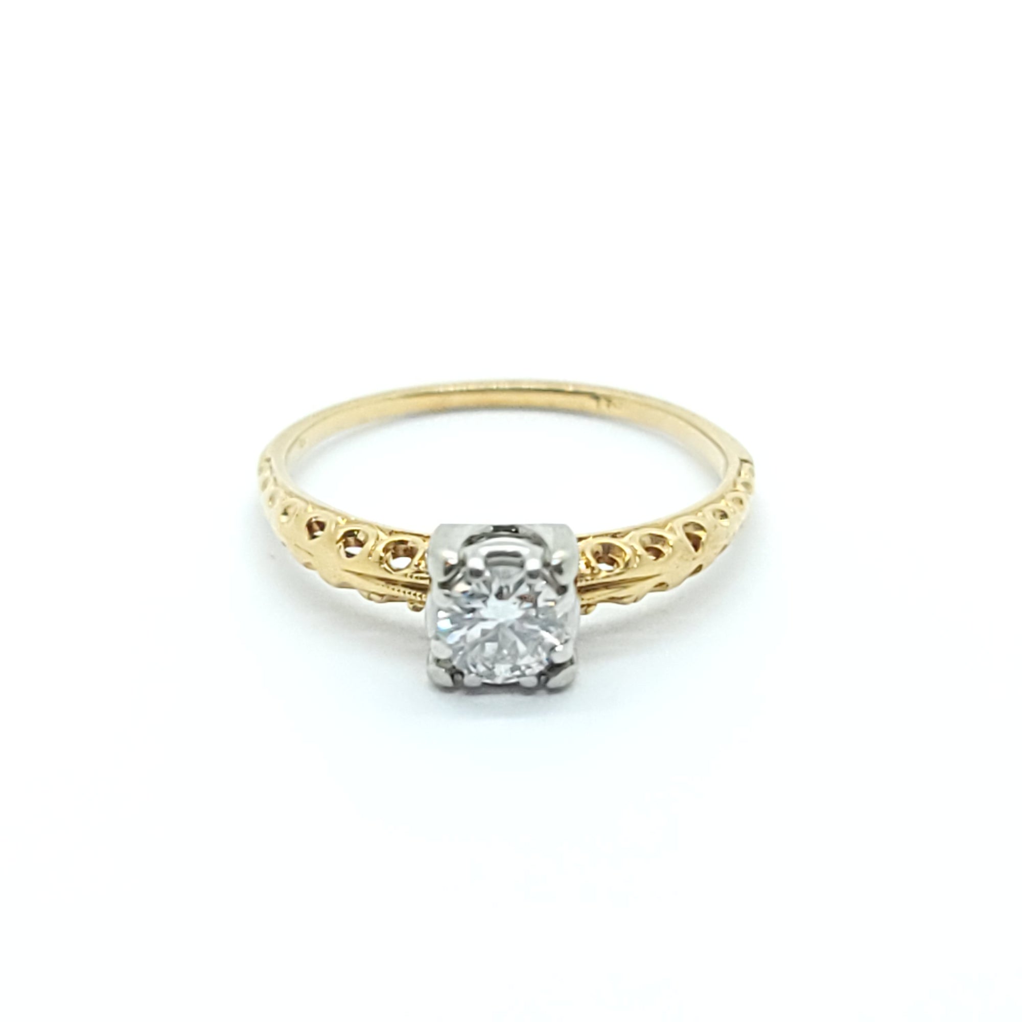 ANTIQUE ENGAGEMENT RING 14k WHITE & YELLOW GOLD SOLITAIRE DIAMOND RING