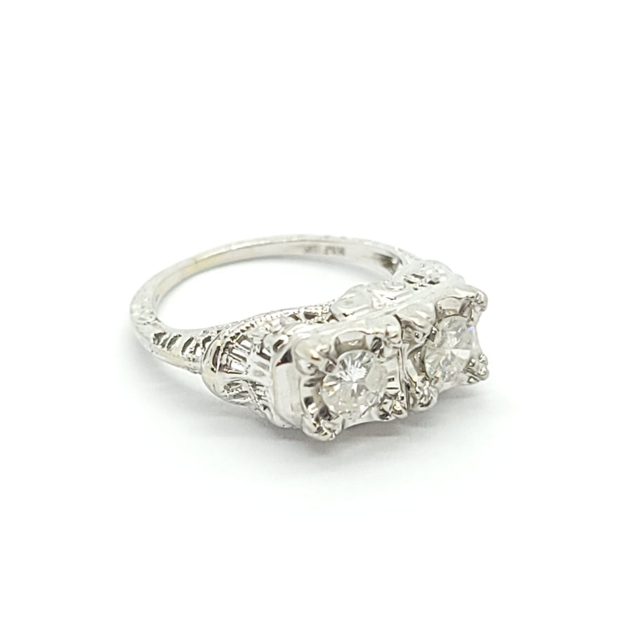 ANTIQUE 18k WHITE GOLD ART DECO FILIGREE DIAMOND COCKTAIL RING