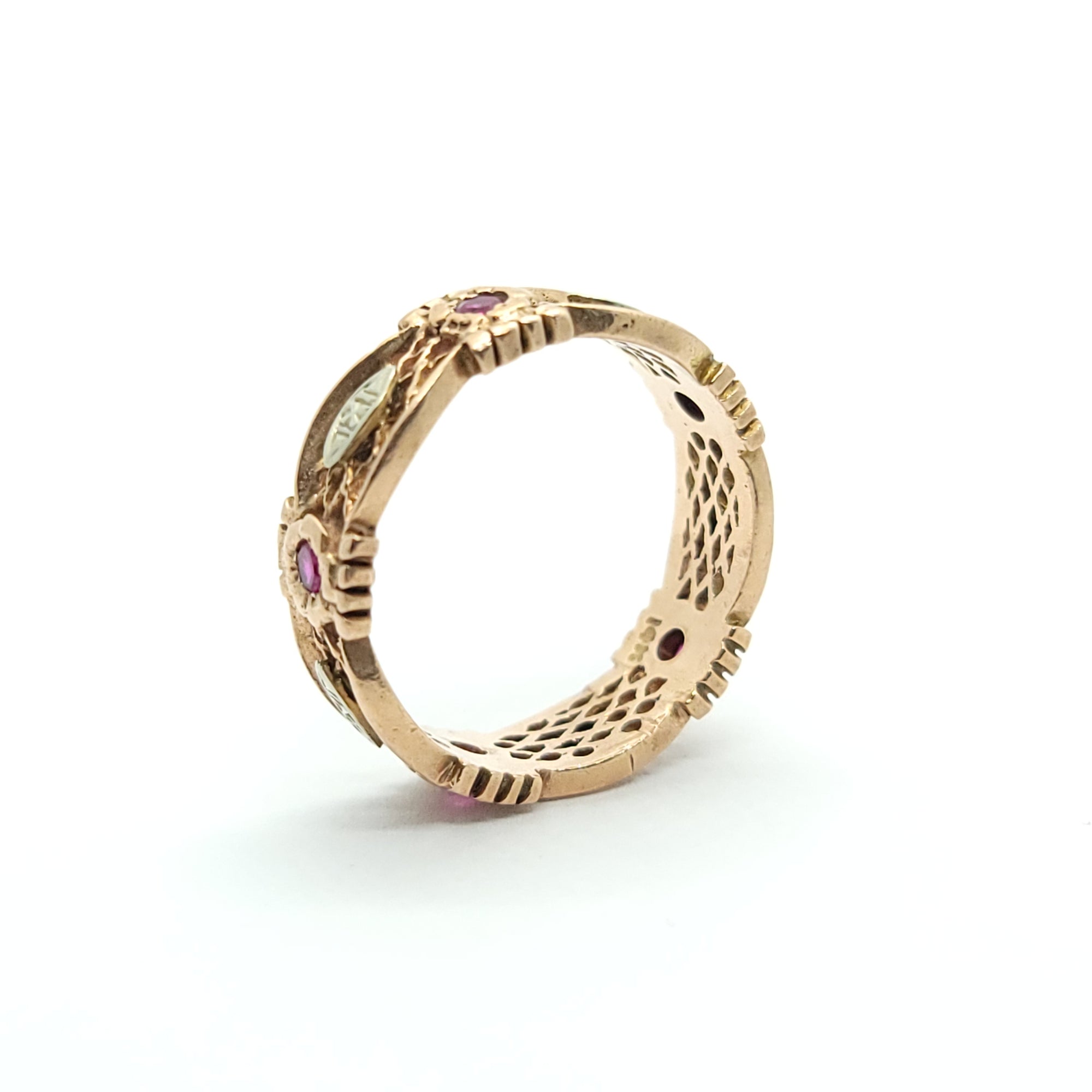 ANTIQUE ART NOUVEAU 14k PINK & WHITE GOLD BAND AND RUBY SCROLLWORK