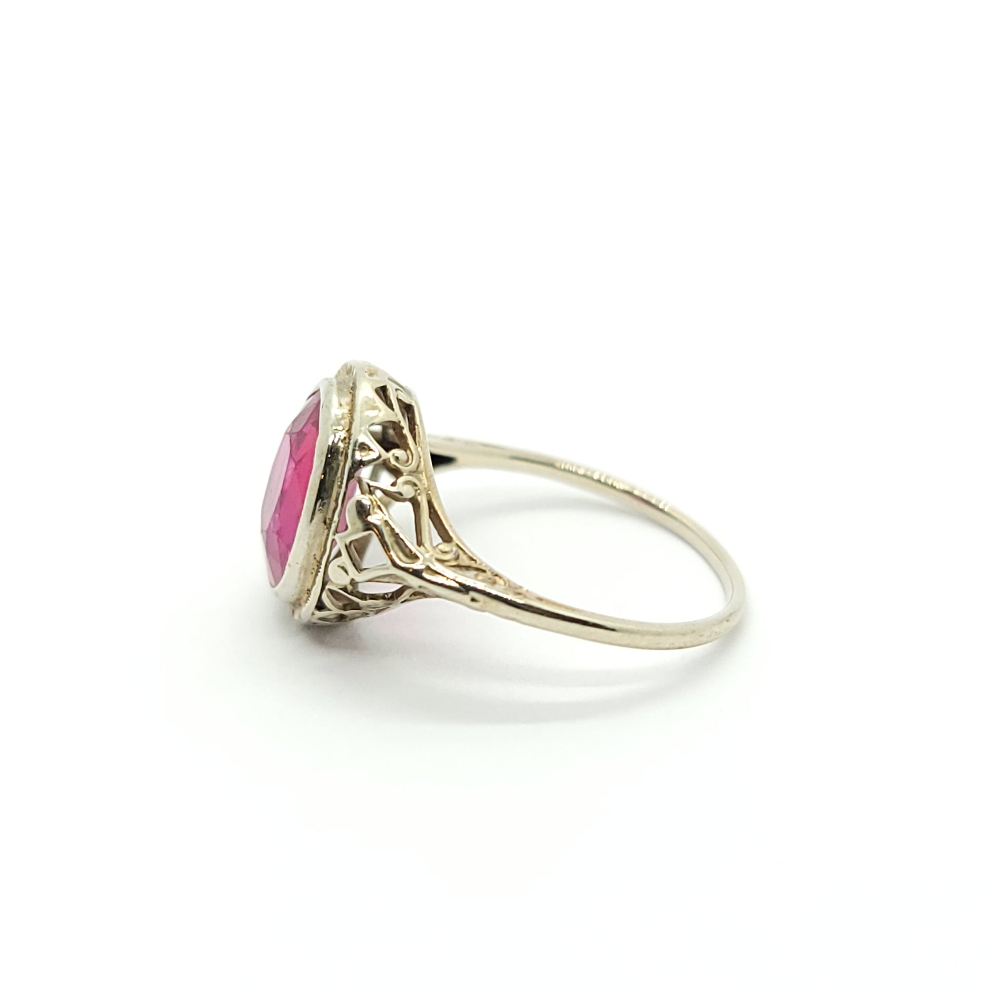 ART DECO ANTIQUE 14K WHITE GOLD RUBY RING FILIGREE