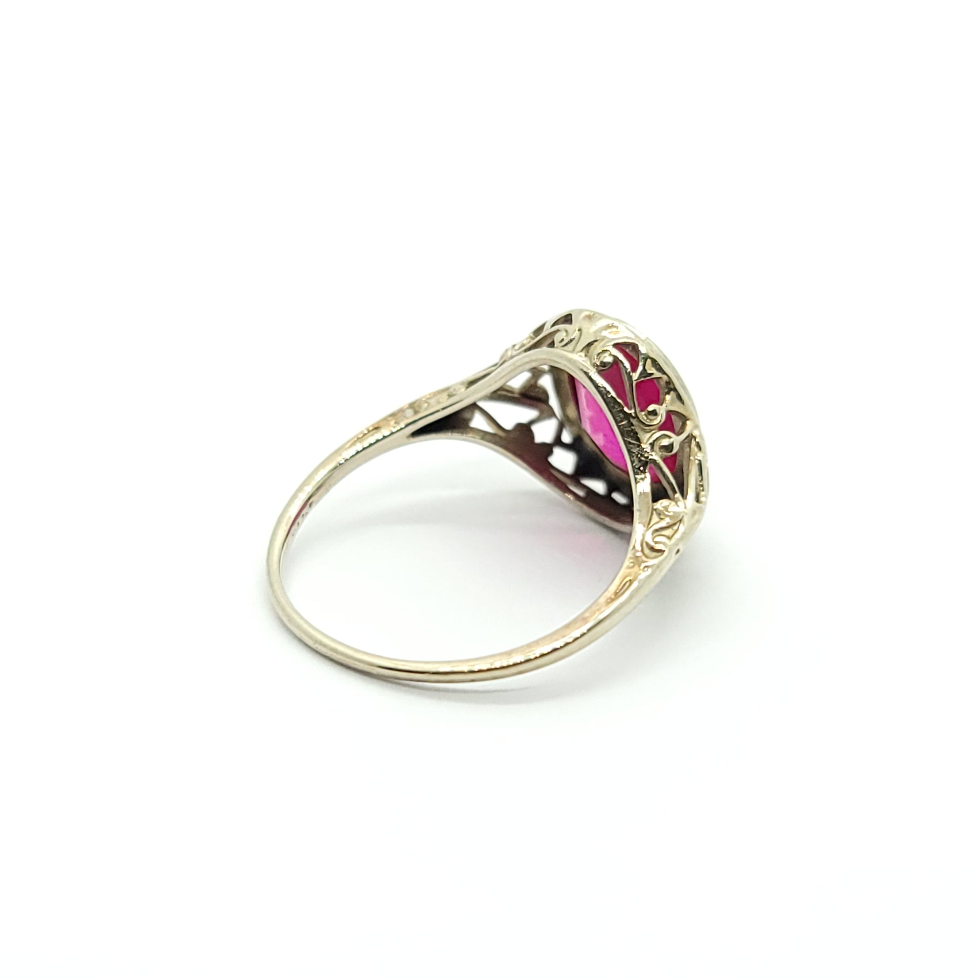 ART DECO ANTIQUE 14K WHITE GOLD RUBY RING FILIGREE