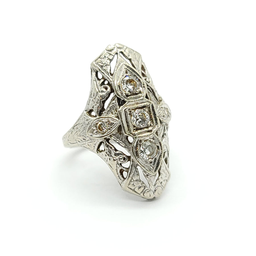 ANTIQUE 14k WHITE GOLD ART DECO FILIGREE DIAMOND COCKTAIL RING