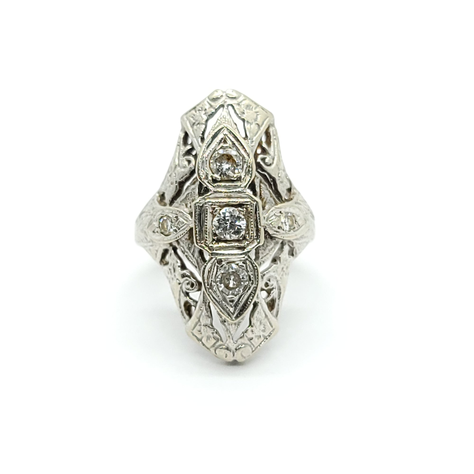 ANTIQUE 14k WHITE GOLD ART DECO FILIGREE DIAMOND COCKTAIL RING