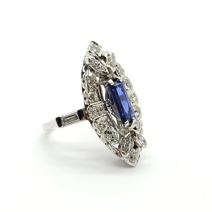 MORQUES SHAPE COCKTAIL ANTIQUE 14K WHITE GOLD NATURAL DIAMOND & SAPPHIRE RING