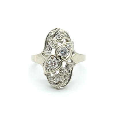 ANTIQUE 14k WHITE GOLD DOUBLE HEART COCKTAIL DIAMOND RING