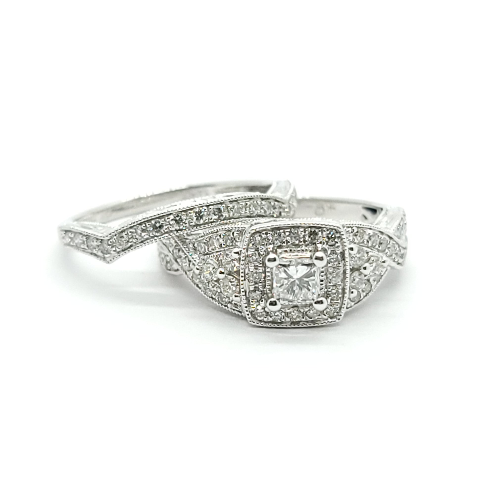 PRINCESS CUT DIAMOND ENGAGEMENT RING SET 14k WHITE GOLD