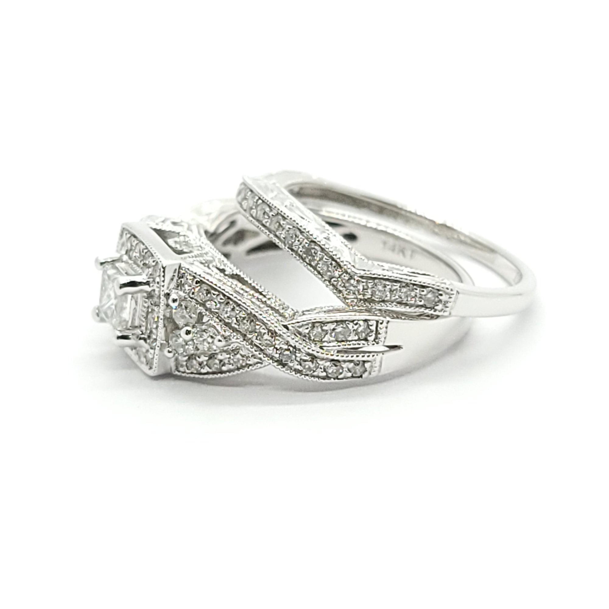 PRINCESS CUT DIAMOND ENGAGEMENT RING SET 14k WHITE GOLD