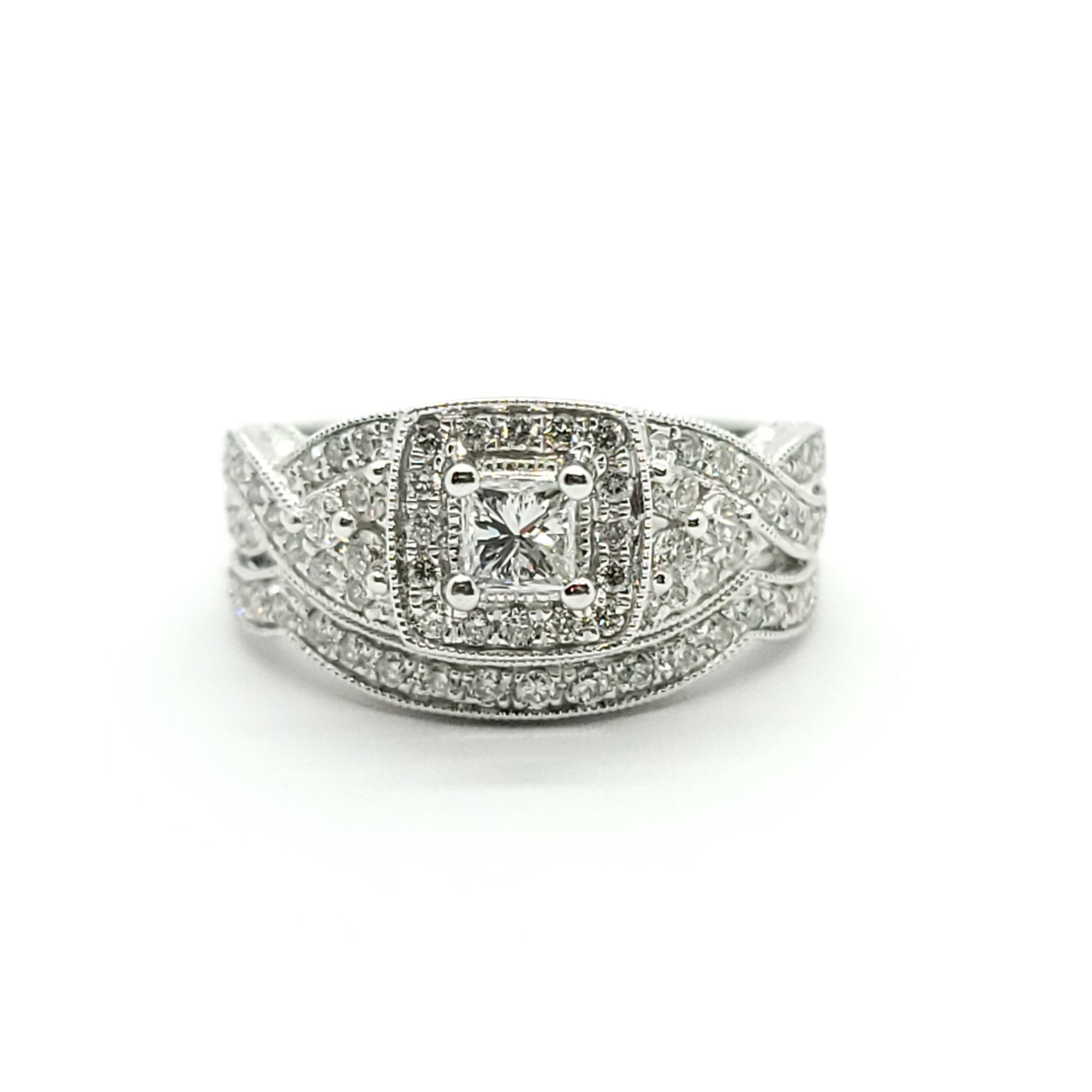 PRINCESS CUT DIAMOND ENGAGEMENT RING SET 14k WHITE GOLD