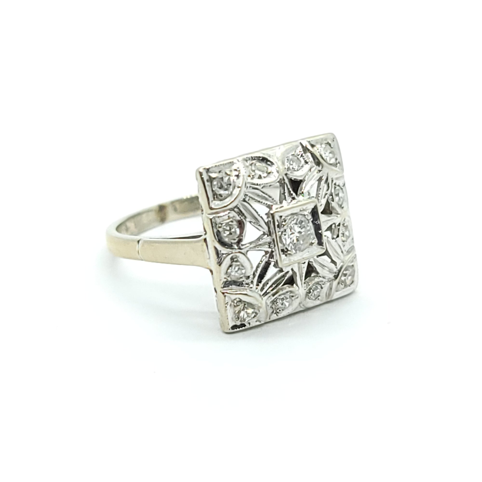ANTIQUE 14k WHITE GOLD ART DECO SQUARE COCKTAIL DIAMOND RING