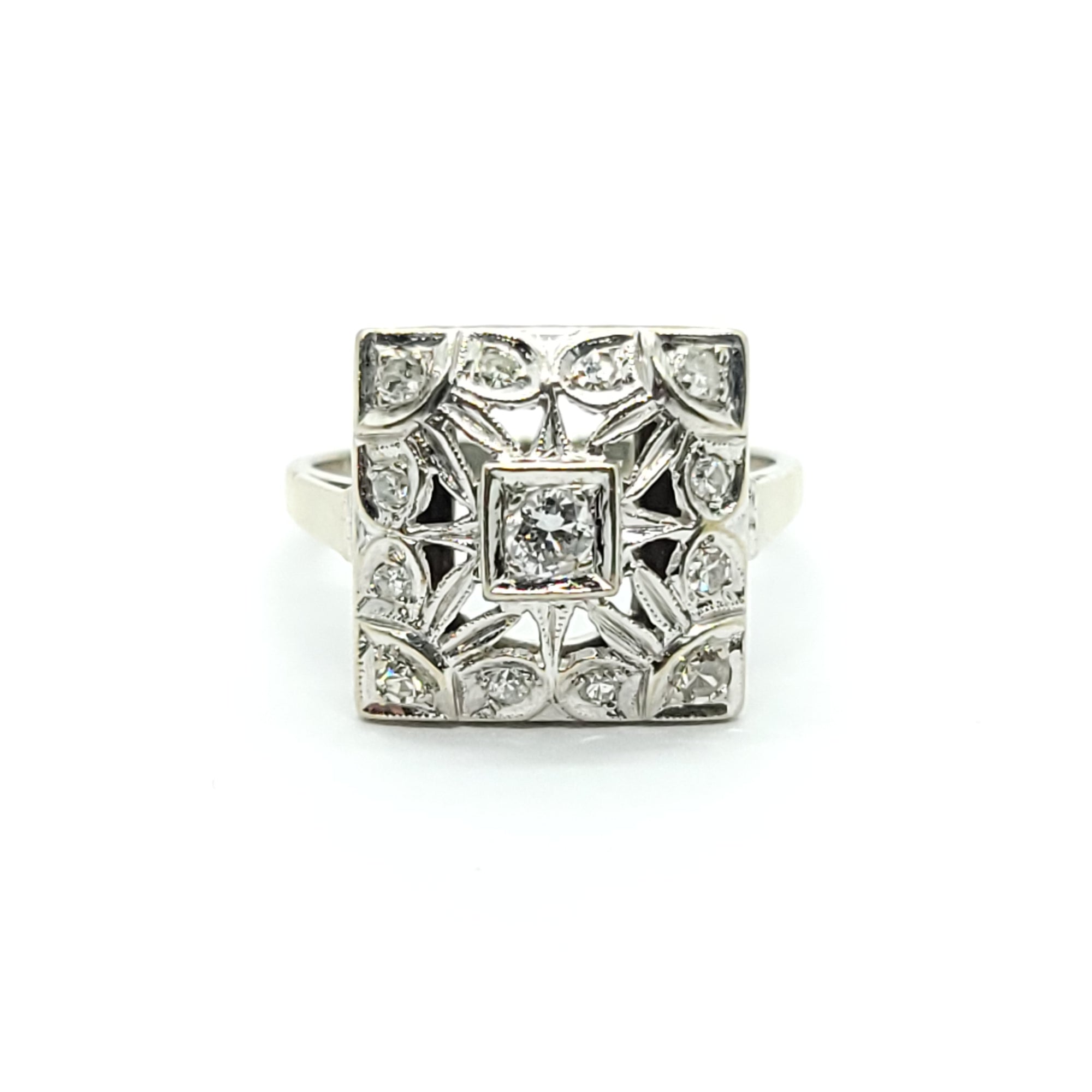 ANTIQUE 14k WHITE GOLD ART DECO SQUARE COCKTAIL DIAMOND RING