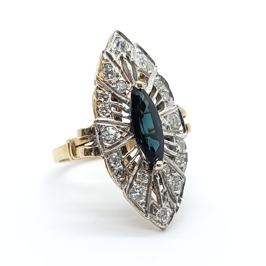 ANTIQUE MORQUES SHAPE 14K WHITE & YELLOW GOLD NATURAL DIAMOND & SAPPHIRE RING