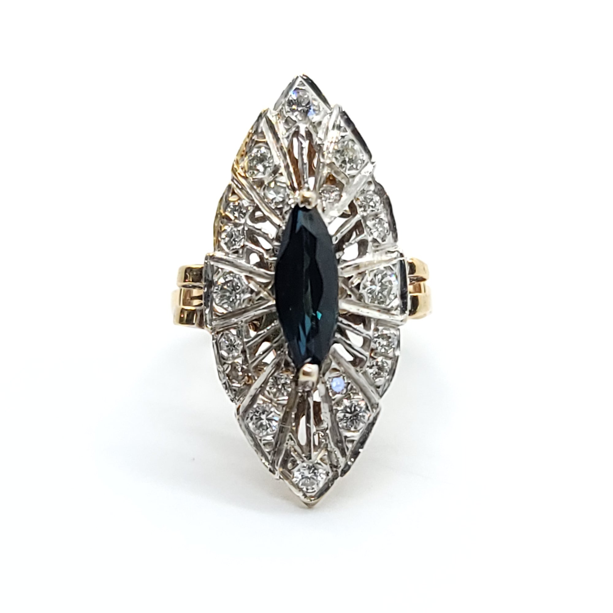 ANTIQUE MORQUES SHAPE 14K WHITE & YELLOW GOLD NATURAL DIAMOND & SAPPHIRE RING