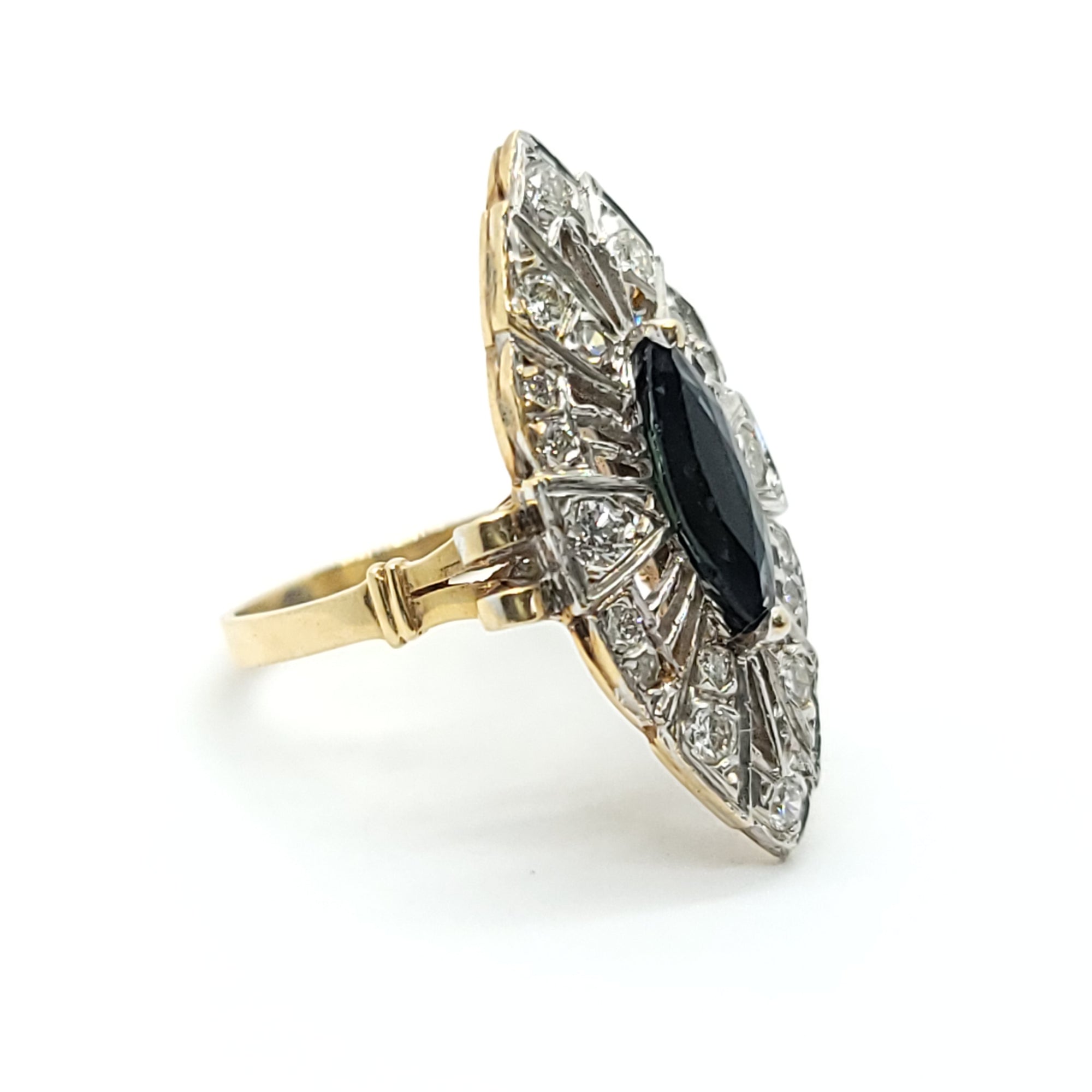 ANTIQUE MORQUES SHAPE 14K WHITE & YELLOW GOLD NATURAL DIAMOND & SAPPHIRE RING