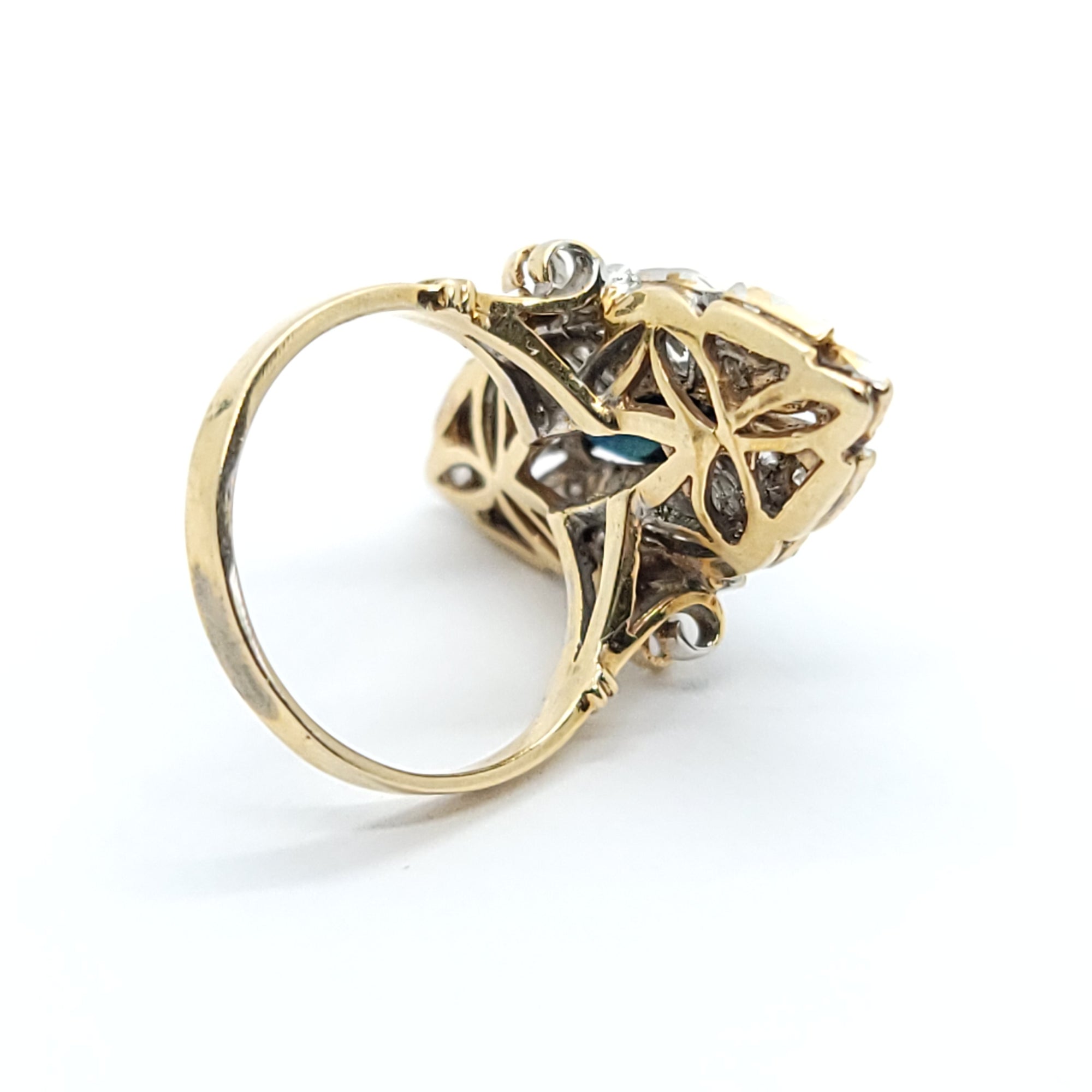 ANTIQUE MORQUES SHAPE 14K WHITE & YELLOW GOLD NATURAL DIAMOND & SAPPHIRE RING