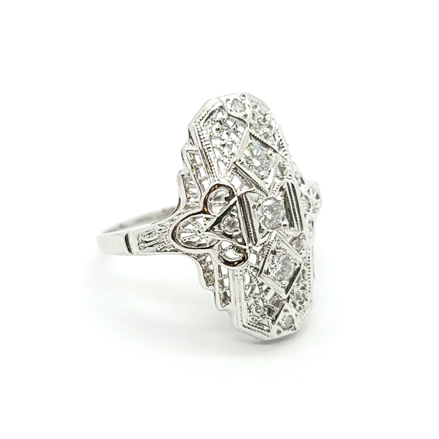 ANTIQUE 14k WHITE GOLD ART DECO FILIGREE DIAMOND COCKTAIL RING