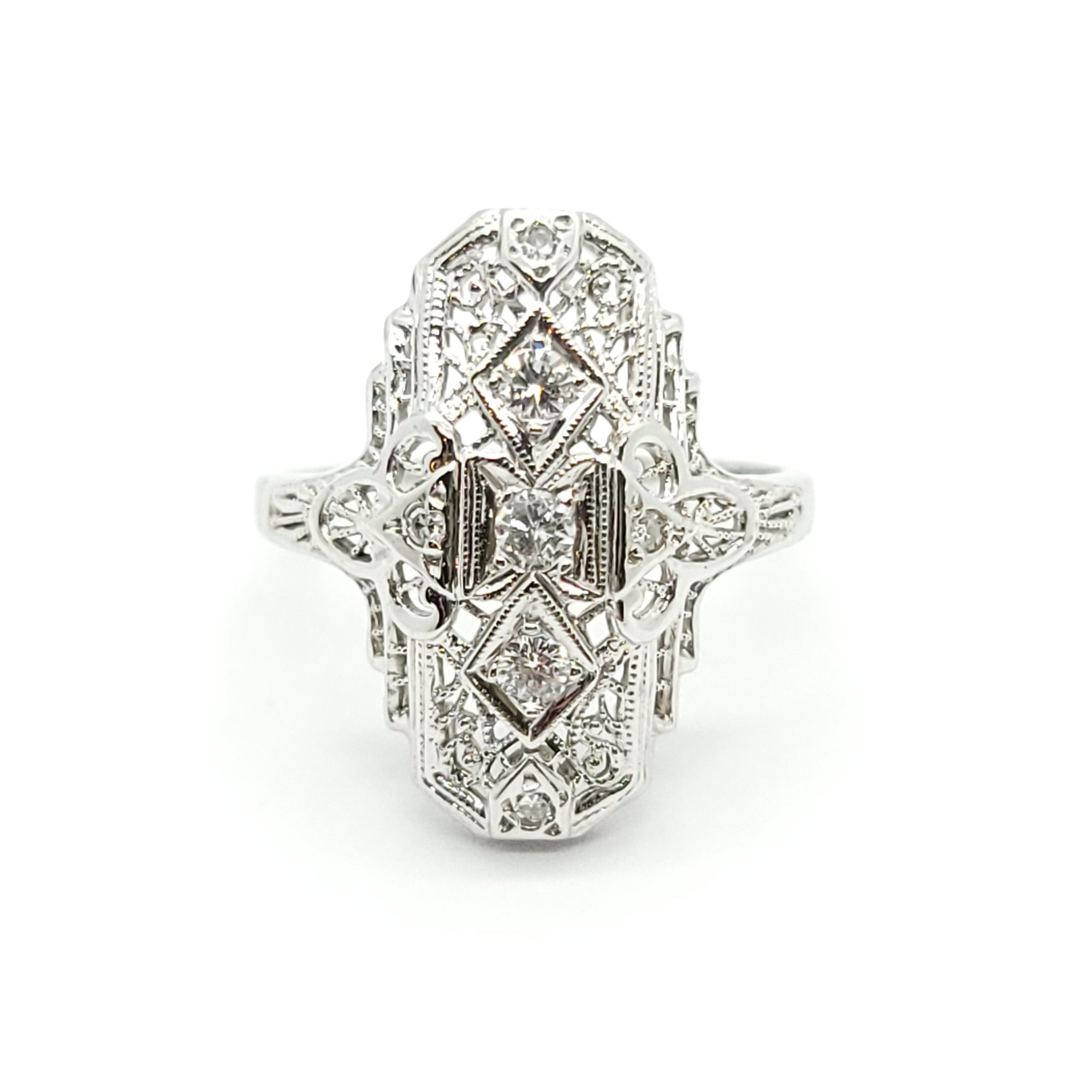ANTIQUE 14k WHITE GOLD ART DECO FILIGREE DIAMOND COCKTAIL RING