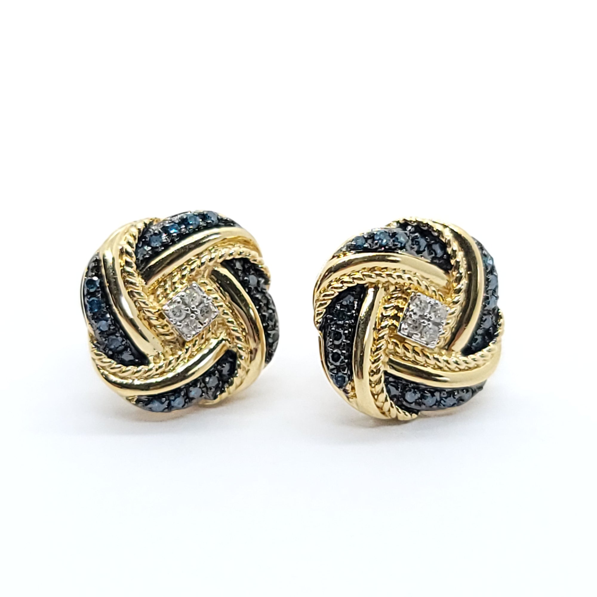 LOVE KNOT EARRINGS BLUE & WHITE DIAMONDS 14k YELLOW GOLD