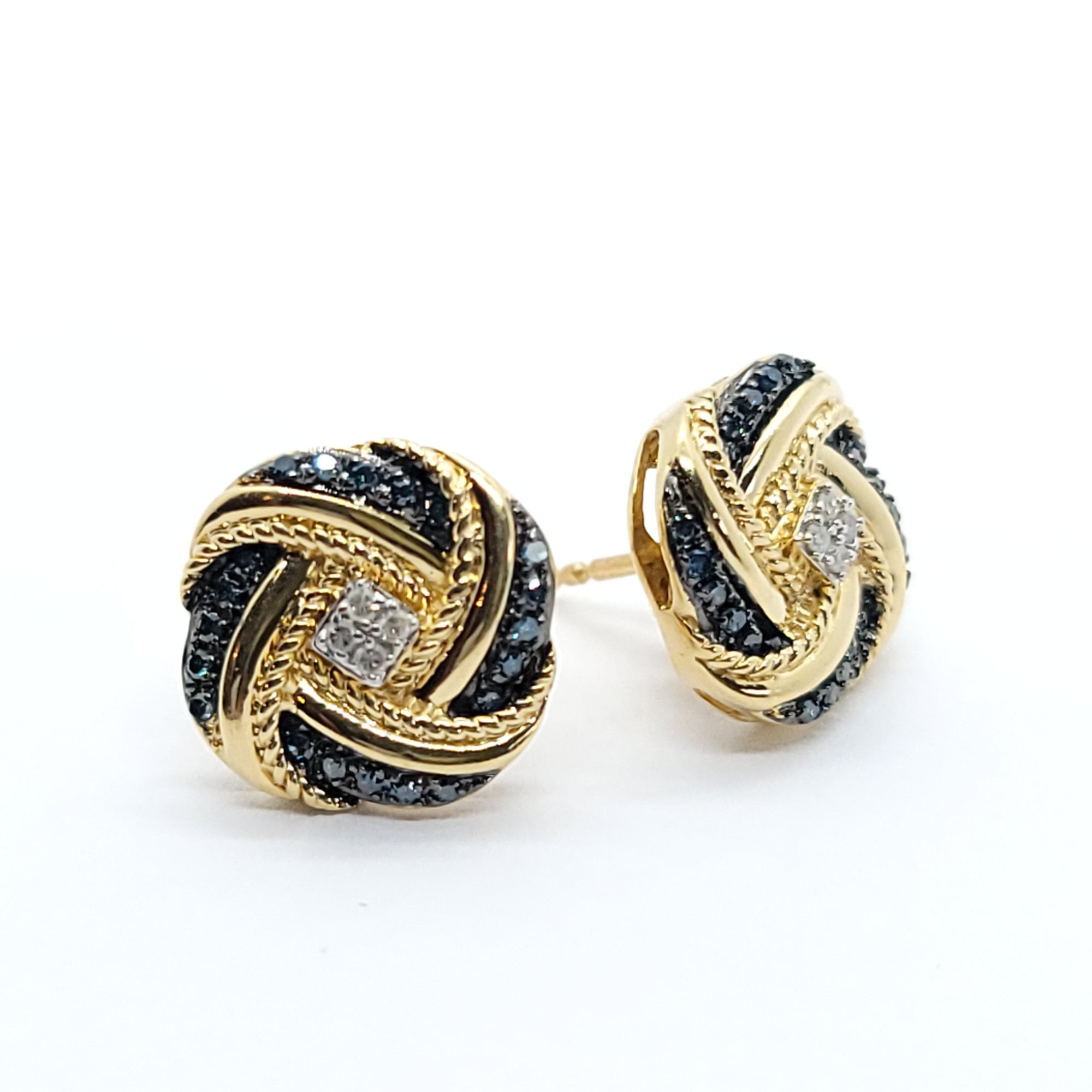 LOVE KNOT EARRINGS BLUE & WHITE DIAMONDS 14k YELLOW GOLD