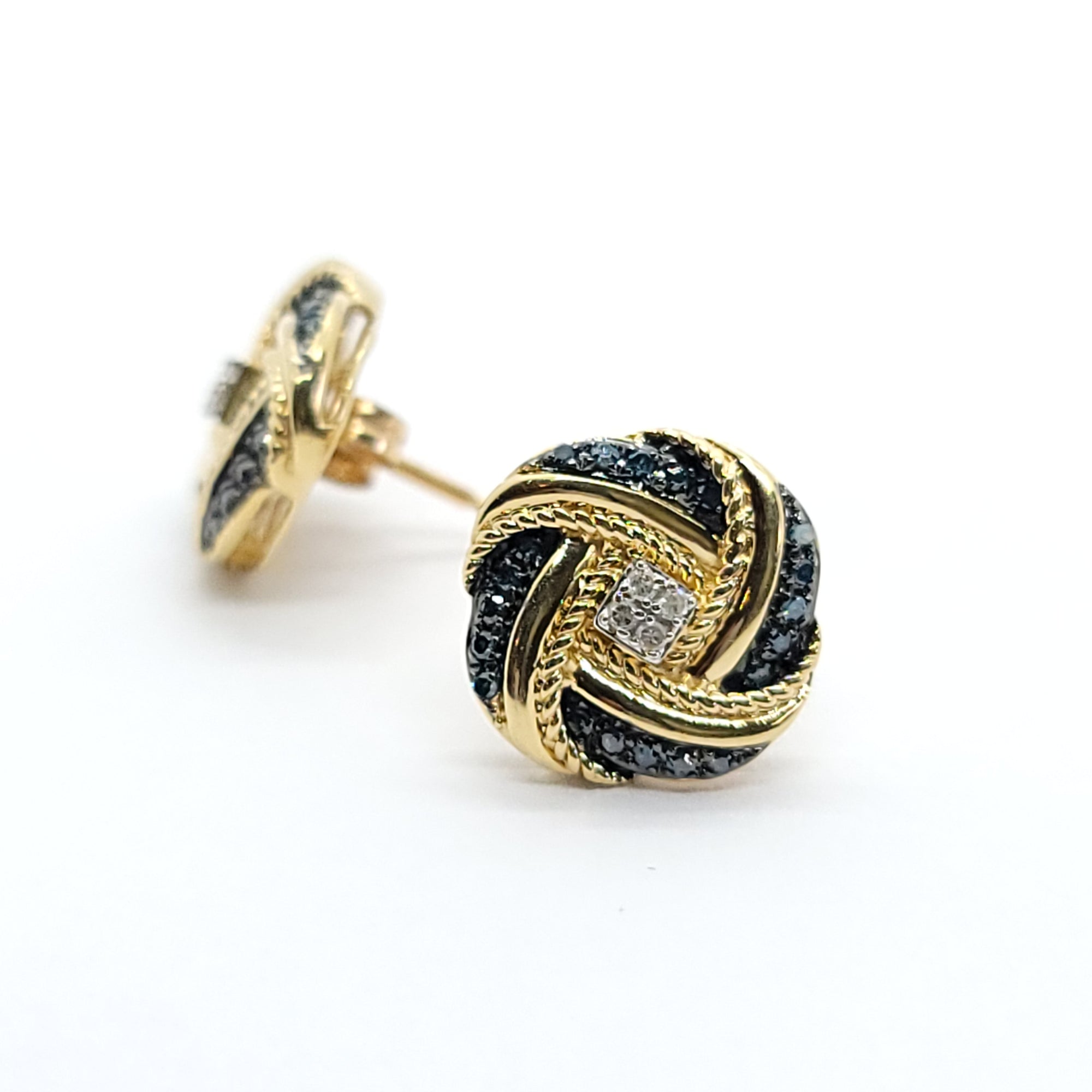 LOVE KNOT EARRINGS BLUE & WHITE DIAMONDS 14k YELLOW GOLD