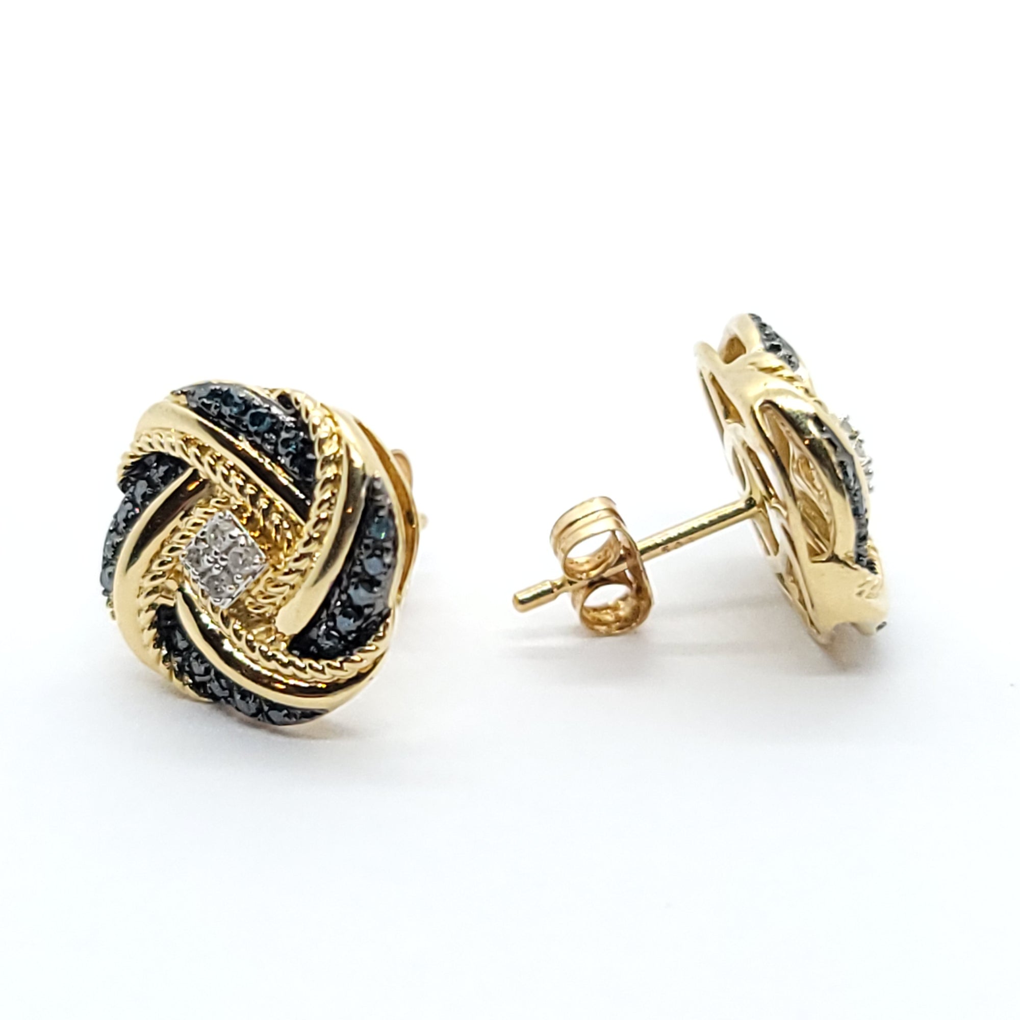 LOVE KNOT EARRINGS BLUE & WHITE DIAMONDS 14k YELLOW GOLD