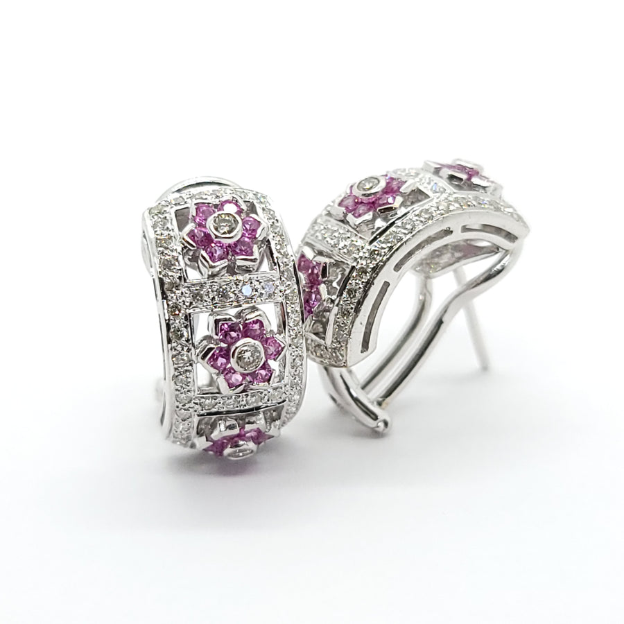 PINK SAPPHIRE  AND DIAMONDS LADIES EARRINGS 18K WHITE GOLD