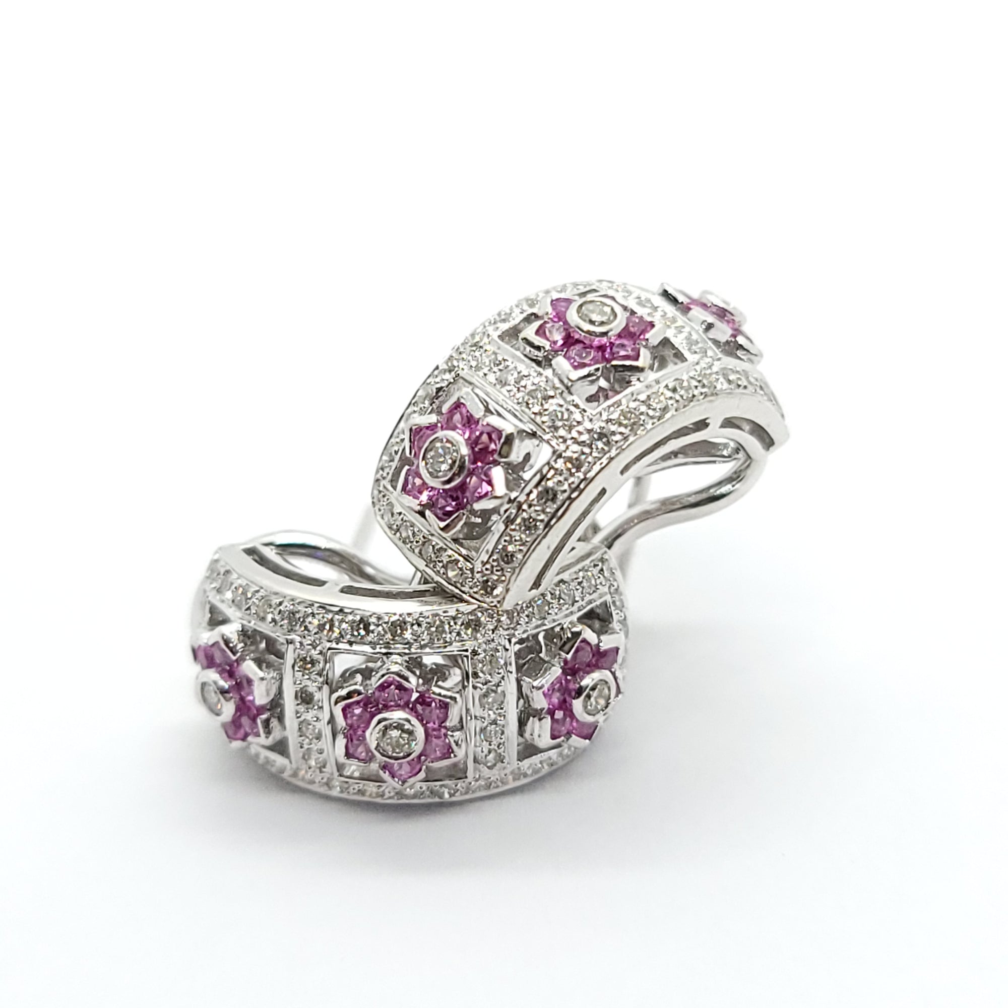 PINK SAPPHIRE  AND DIAMONDS LADIES EARRINGS 18K WHITE GOLD