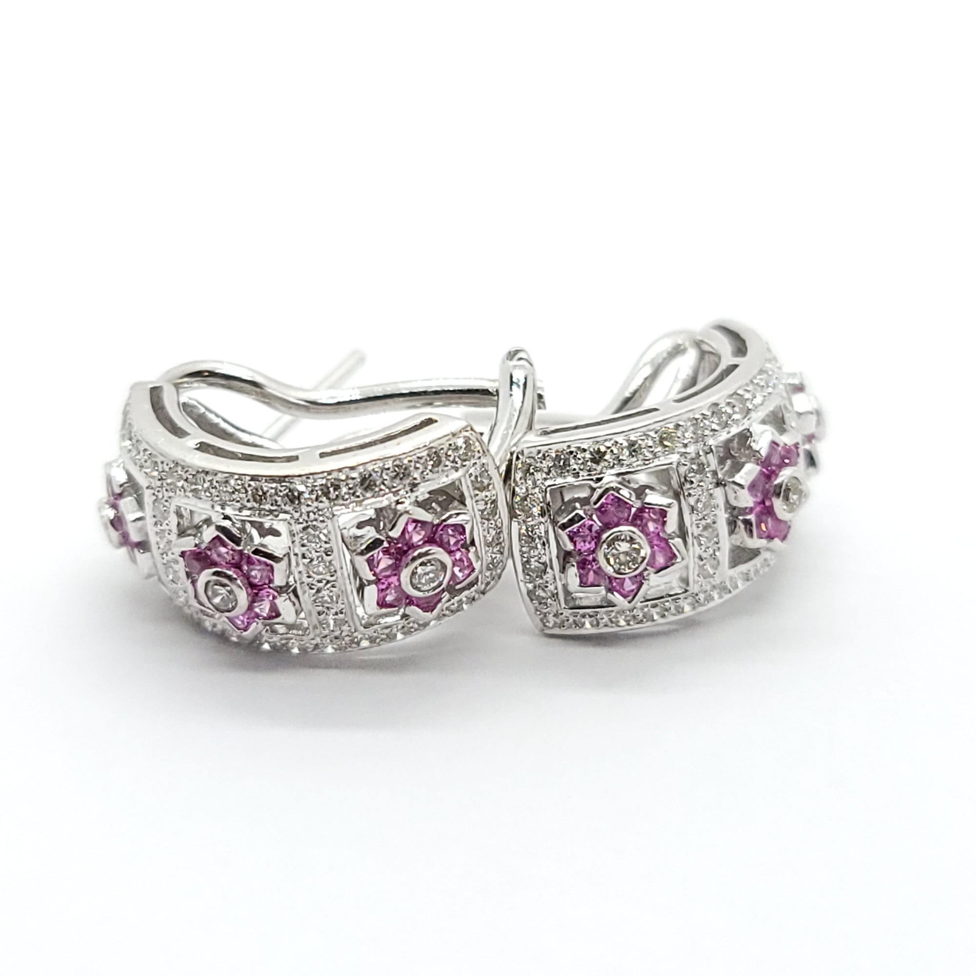 PINK SAPPHIRE  AND DIAMONDS LADIES EARRINGS 18K WHITE GOLD