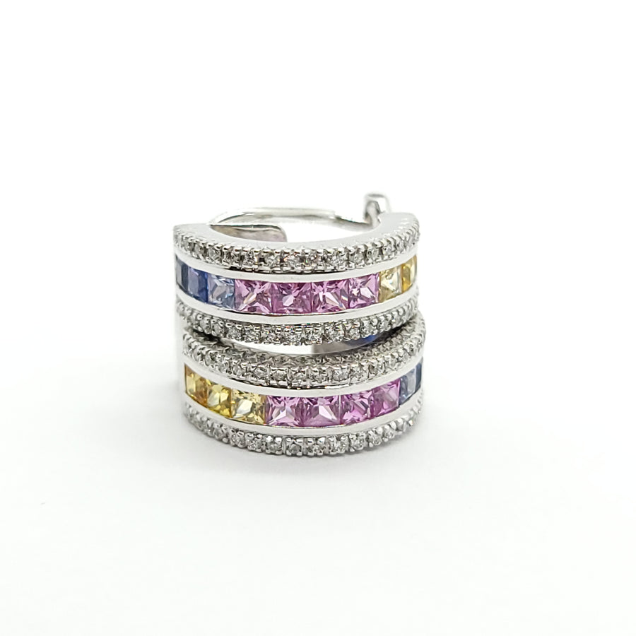 MULTI COLORED SAPPHIRE AND DIAMONDS LADIES EARRINGS 14K WHITE GOLD