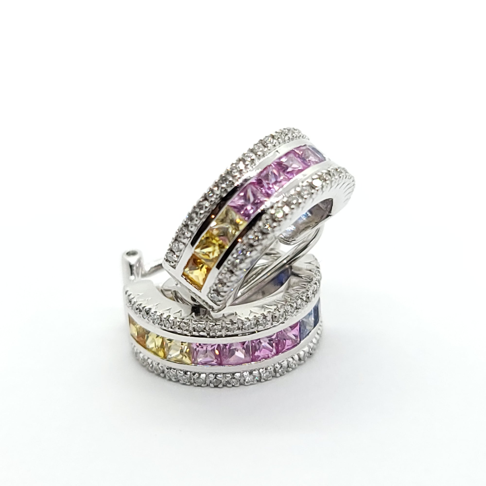 MULTI COLORED SAPPHIRE AND DIAMONDS LADIES EARRINGS 14K WHITE GOLD