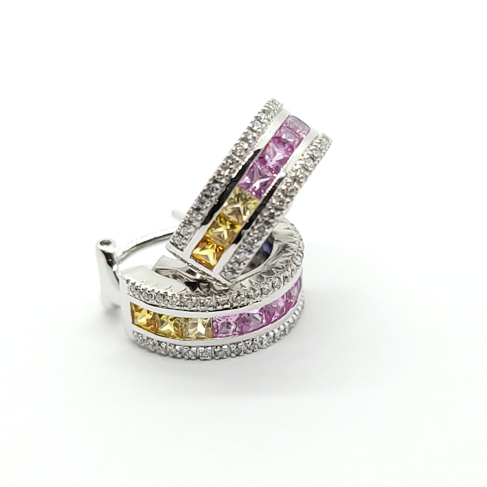 MULTI COLORED SAPPHIRE AND DIAMONDS LADIES EARRINGS 14K WHITE GOLD