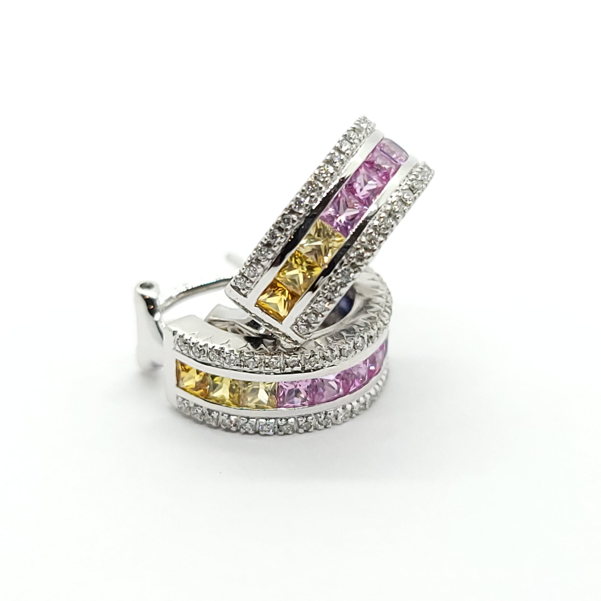 MULTI COLORED SAPPHIRE AND DIAMONDS LADIES EARRINGS 14K WHITE GOLD