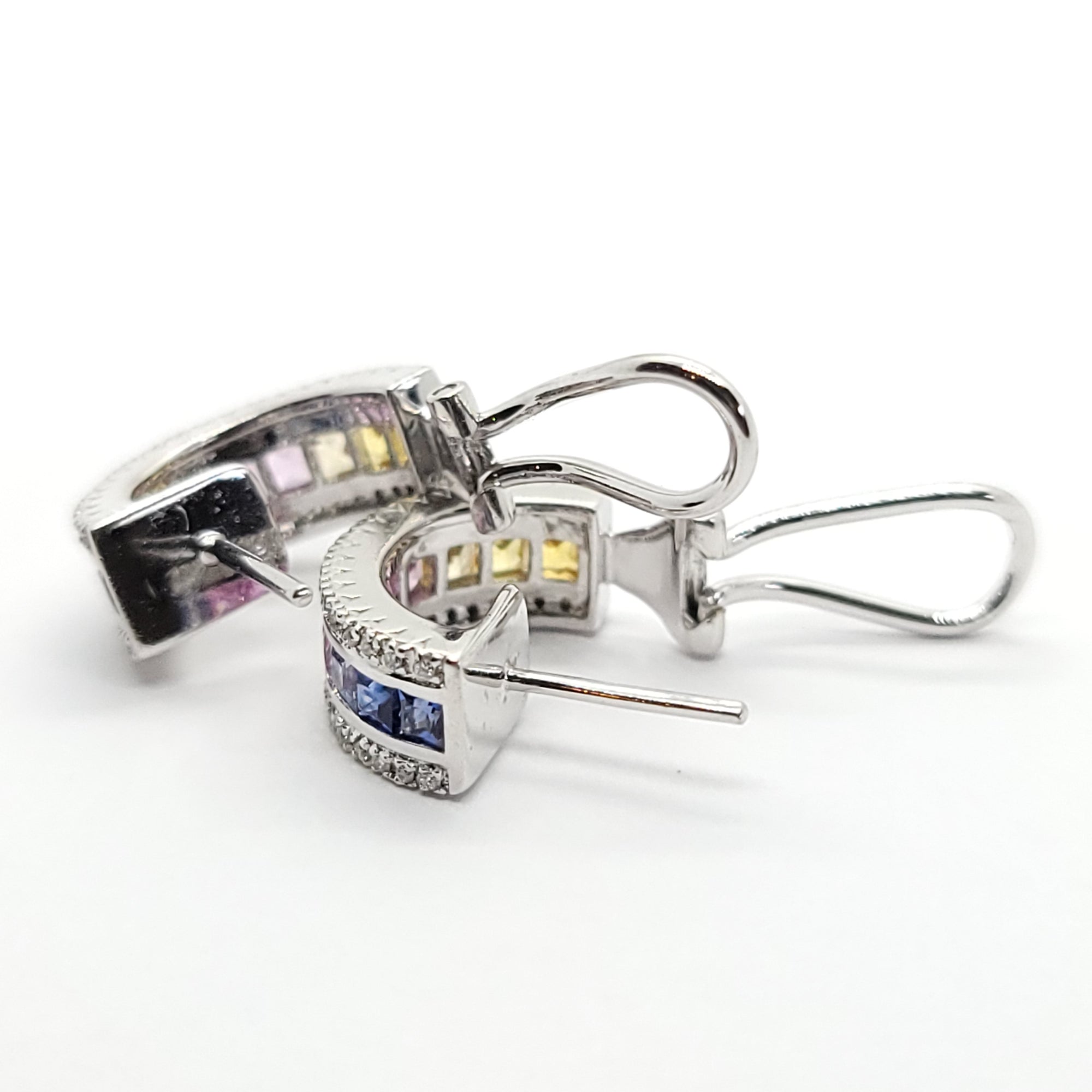 MULTI COLORED SAPPHIRE AND DIAMONDS LADIES EARRINGS 14K WHITE GOLD