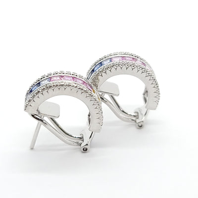 MULTI COLORED SAPPHIRE AND DIAMONDS LADIES EARRINGS 14K WHITE GOLD