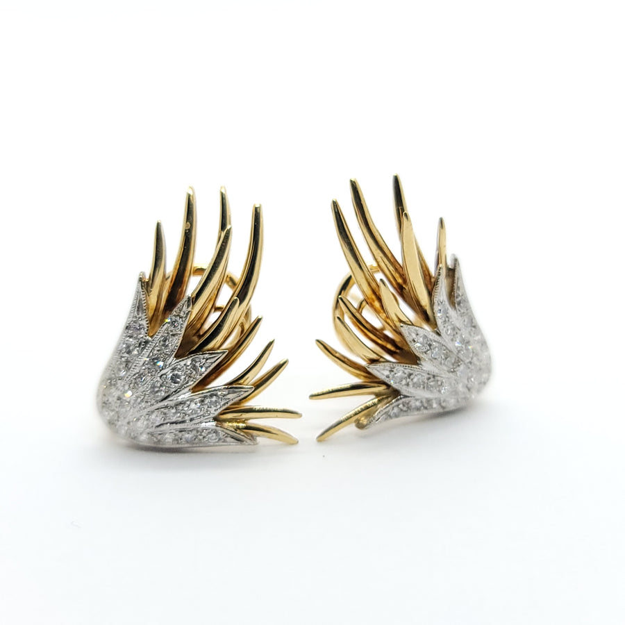 VINTAGE FEATHER/WING MOTIF DIAMOND EARRINGS 14K YELLOW & WHITE GOLD