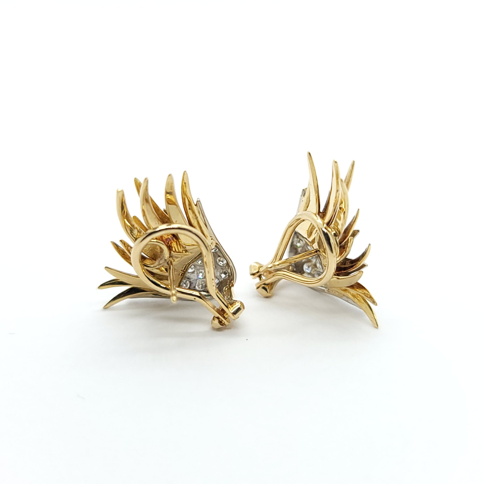 VINTAGE FEATHER/WING MOTIF DIAMOND EARRINGS 14K YELLOW & WHITE GOLD