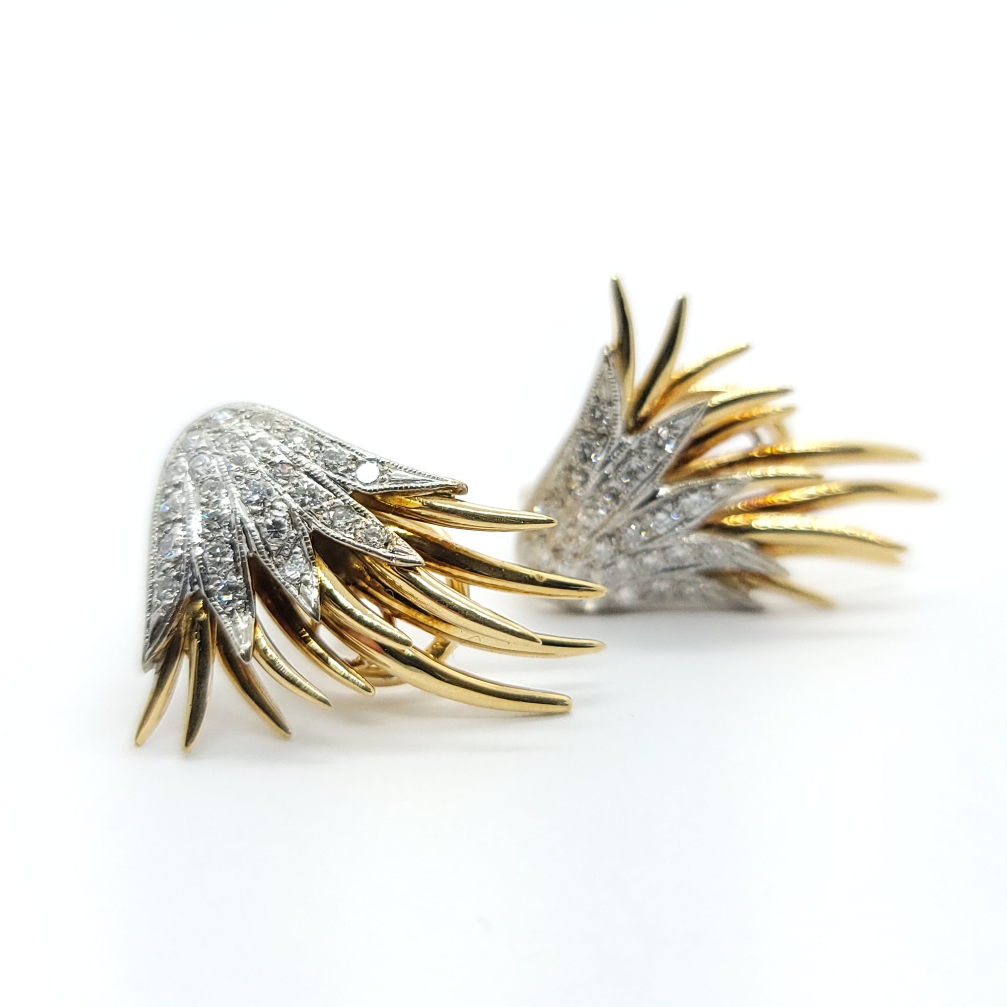 VINTAGE FEATHER/WING MOTIF DIAMOND EARRINGS 14K YELLOW & WHITE GOLD