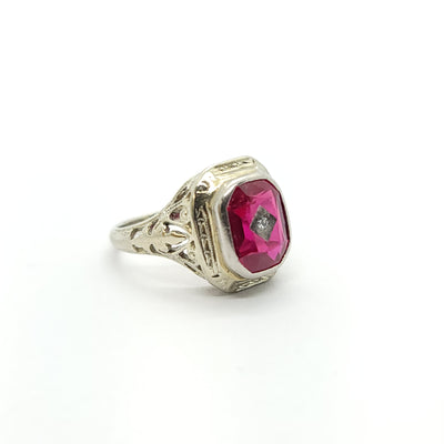 ANTIQUE ART DECO FILIGREE RING DIAMOND AND RUBY IN 18k WHITE GOLD