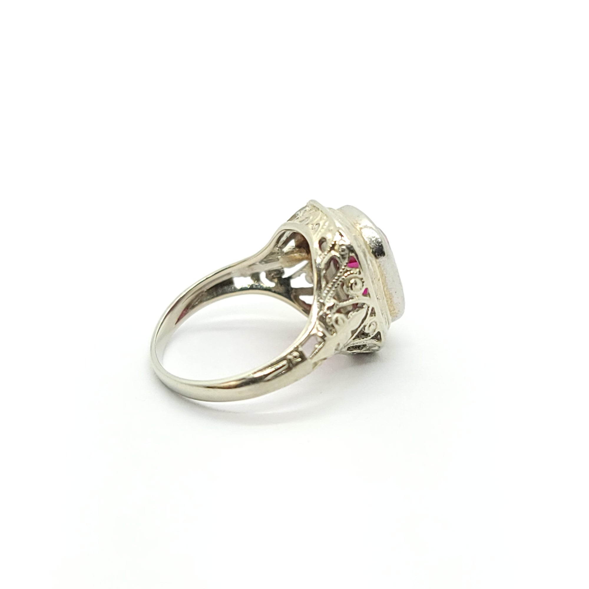 ANTIQUE ART DECO FILIGREE RING DIAMOND AND RUBY IN 18k WHITE GOLD