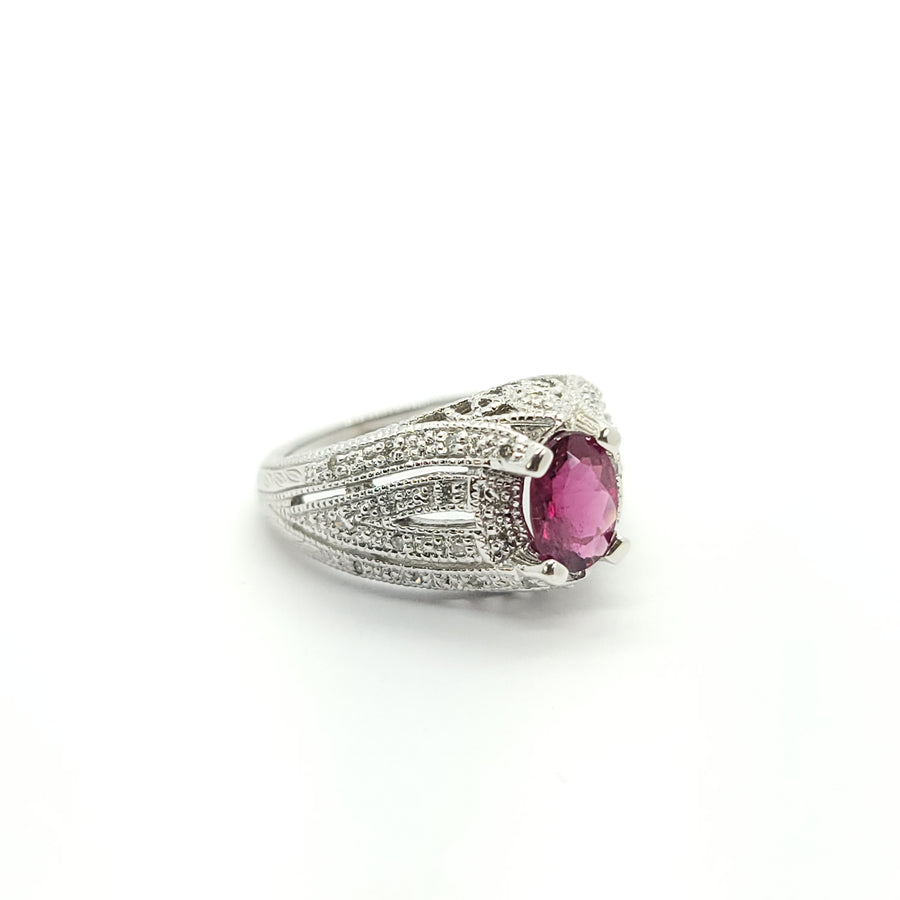 ANTIQUE DIAMOND RHODOLITE RUBY RING SET IN 14KT WHITE GOLD