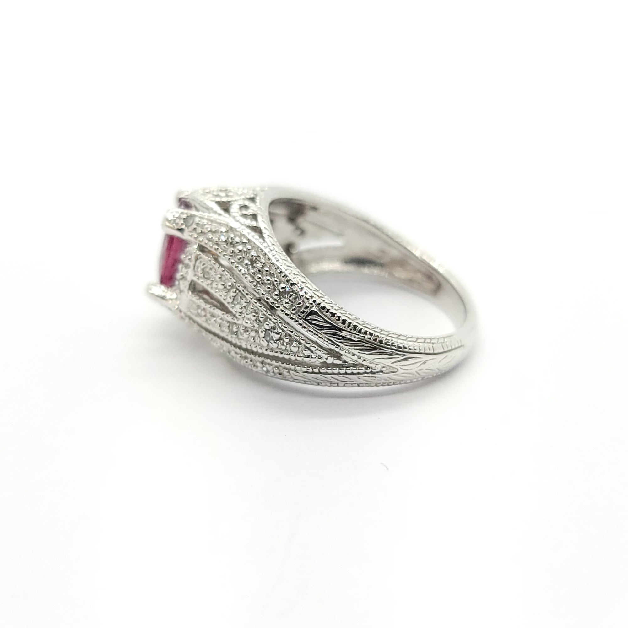 ANTIQUE DIAMOND RHODOLITE RUBY RING SET IN 14KT WHITE GOLD