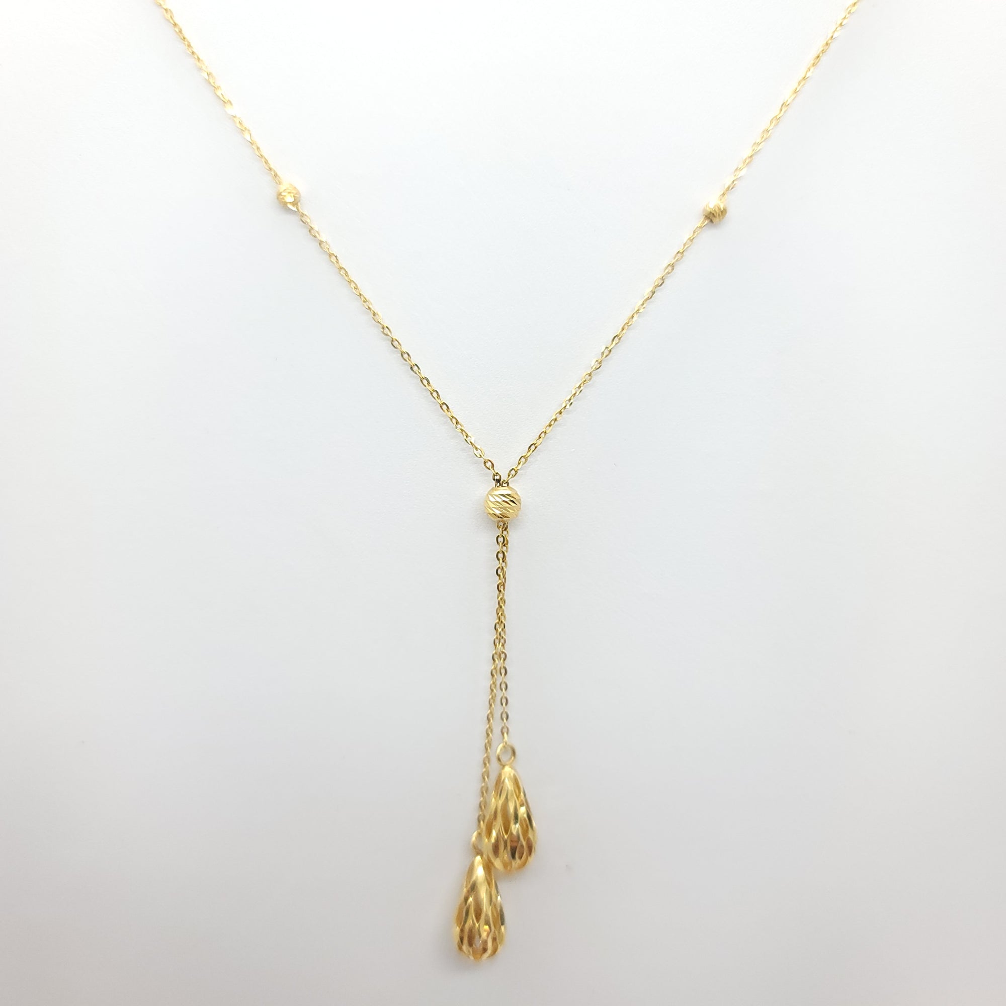 BEADED TEARDROP LARIAT 14K YELLOW GOLD NECKLACE