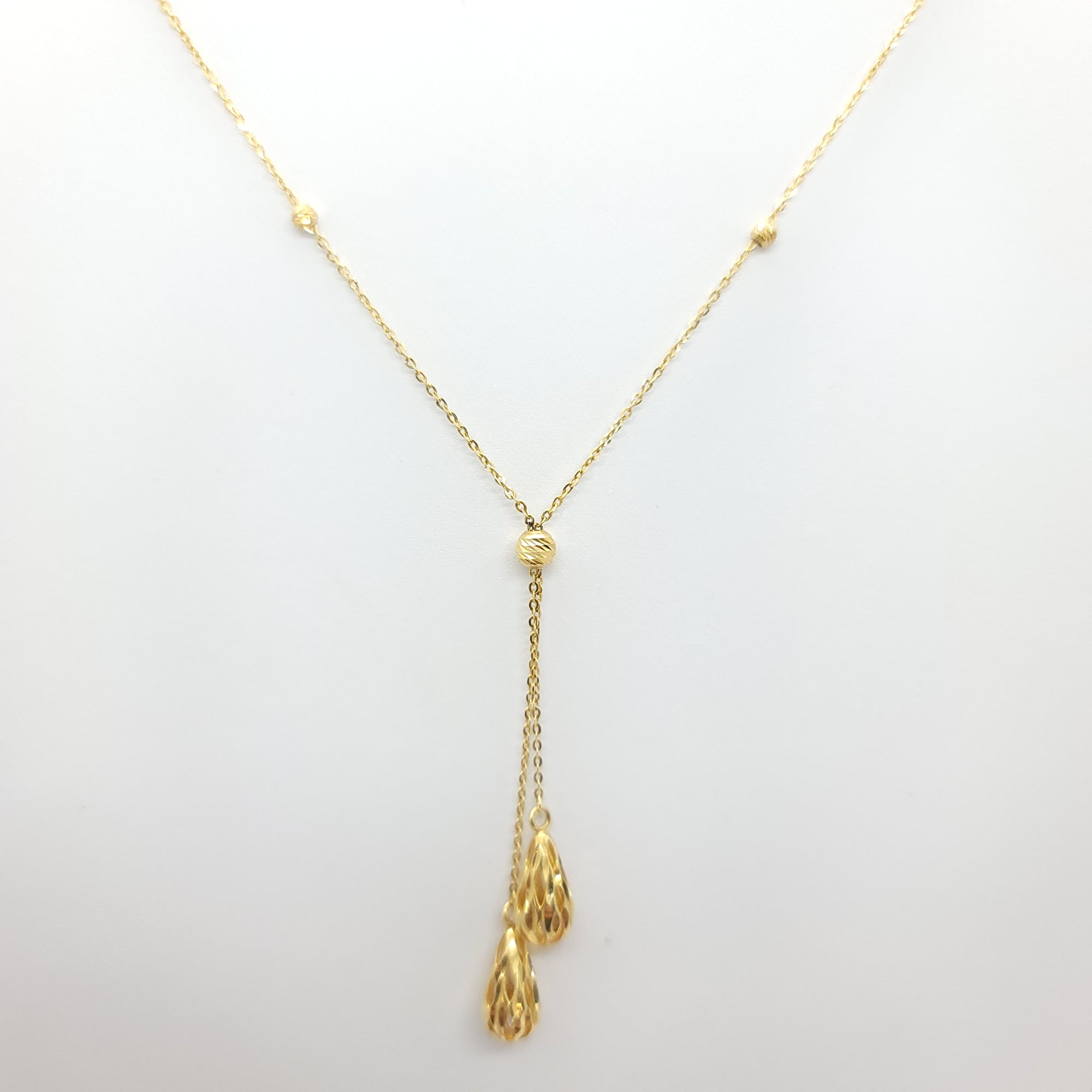 BEADED TEARDROP LARIAT 14K YELLOW GOLD NECKLACE