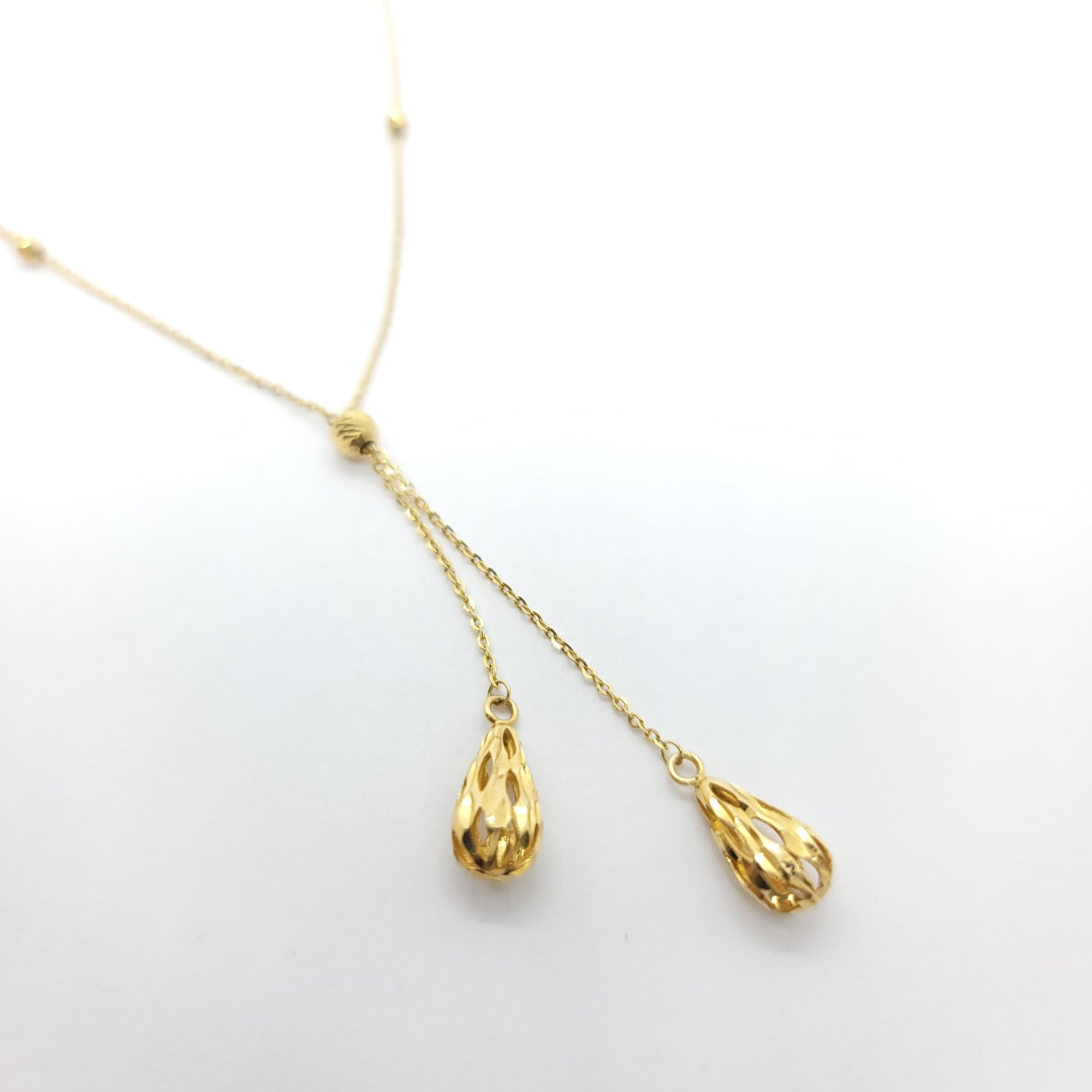 BEADED TEARDROP LARIAT 14K YELLOW GOLD NECKLACE